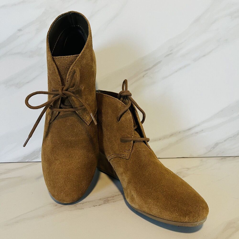 Nine West Women’s 2in Wedge Boots Size 6.5M Tan Suede Lace Up Ankle Booties - Picture 3 of 6